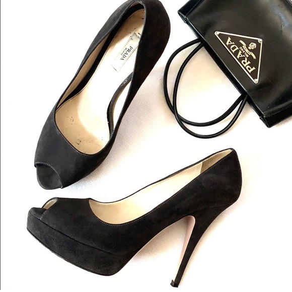 Prada Shoes - PRADA Grey Suede Peep Toe Heels